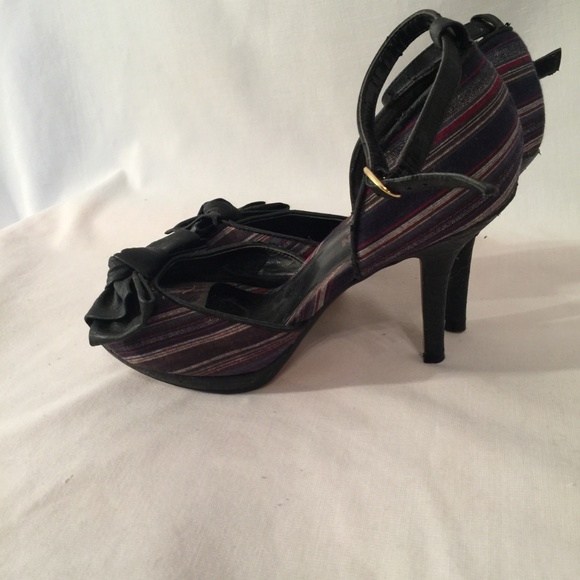 💚 Z London Blue Striped Open Toe Bow Heels Size 8 - Picture 3 of 8